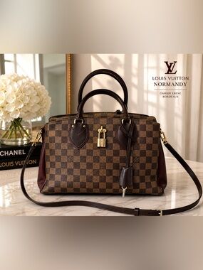 Louis Vuitton Normandy Damier Ebene Bordeaux Leather Satchel Crossbody Bag Key